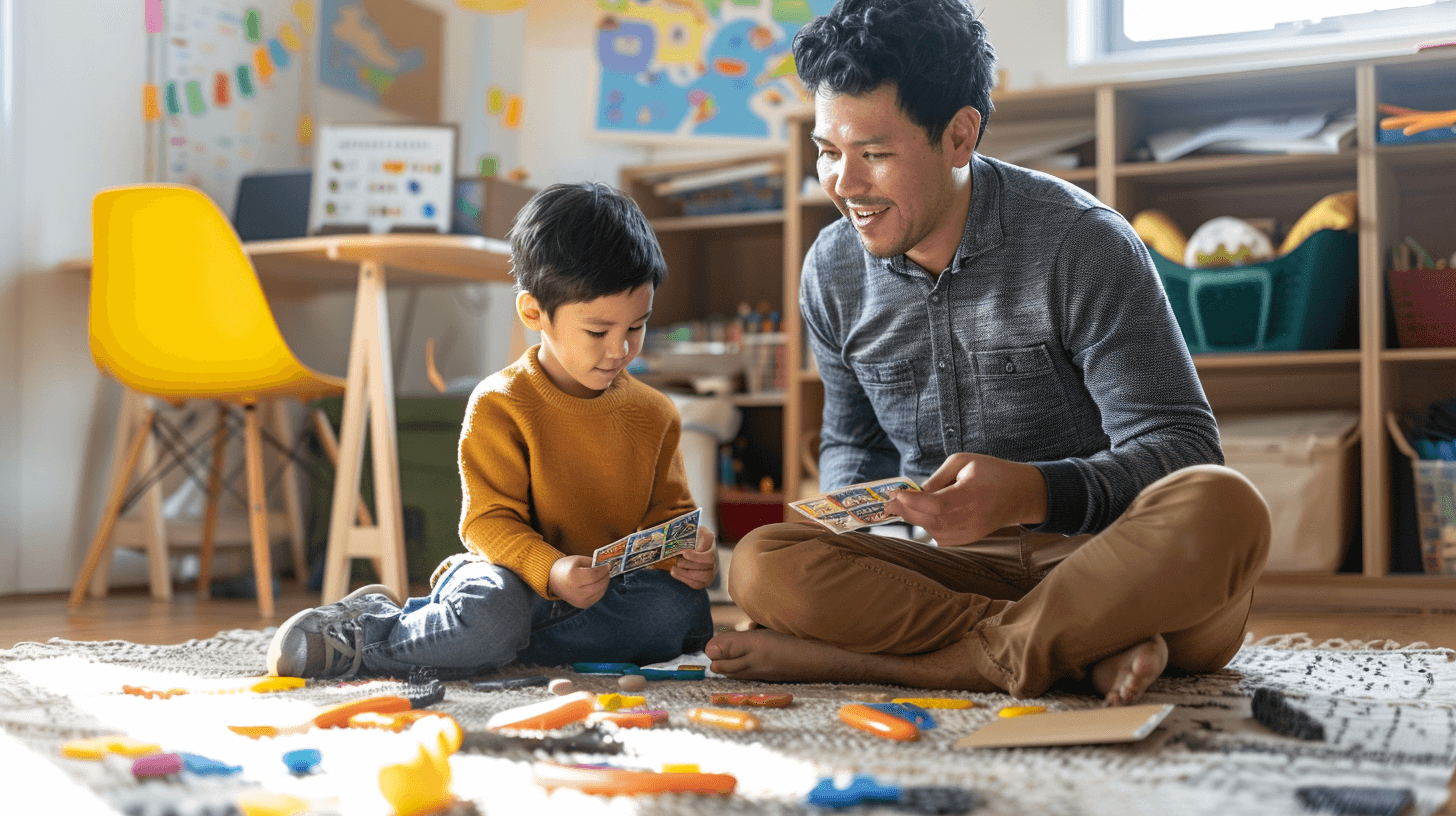 Hispanic male behavior specialist using visual schedule cards with child in structured play area