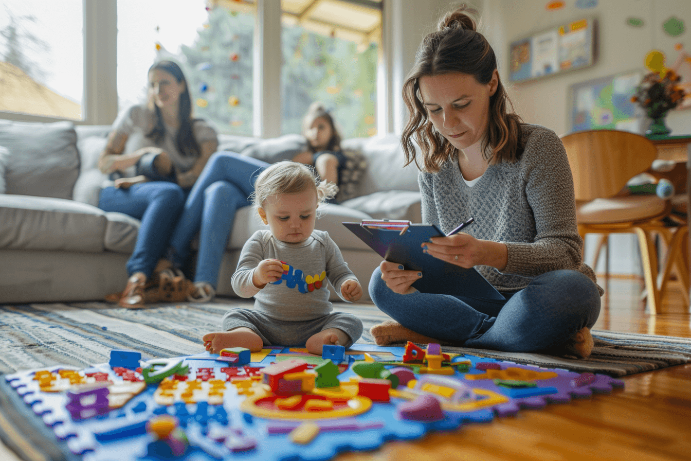 Professional therapist taking notes while working with toddler playing with toys in home living room with parents watching