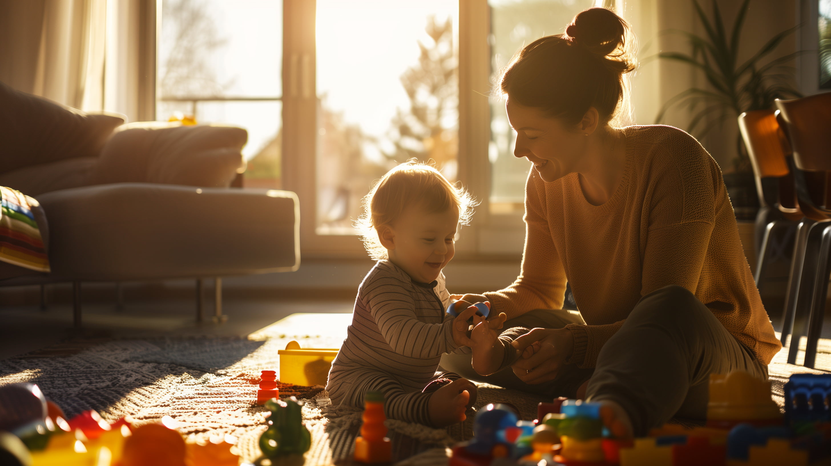 Early intervention therapist working with young child in warm, sunlit home living room with developmental toys