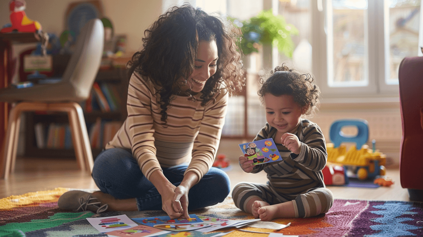 Hispanic female speech therapist sitting cross-legged on living room floor with toddler, holding colorful picture cards in warm home environment